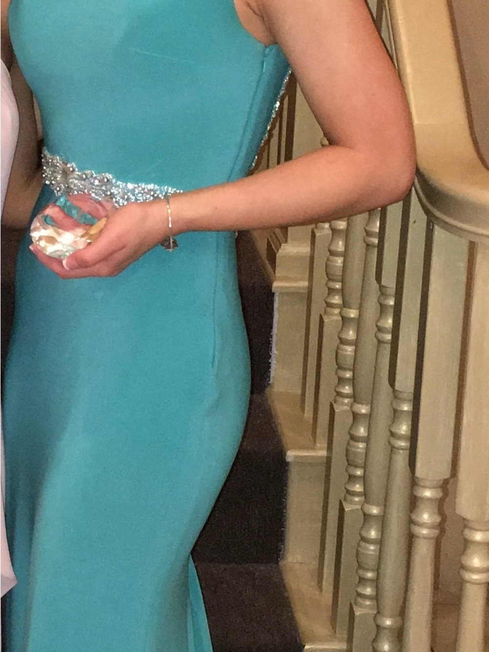 May Queen Teal Backless Evening Gown with Beaded Waist